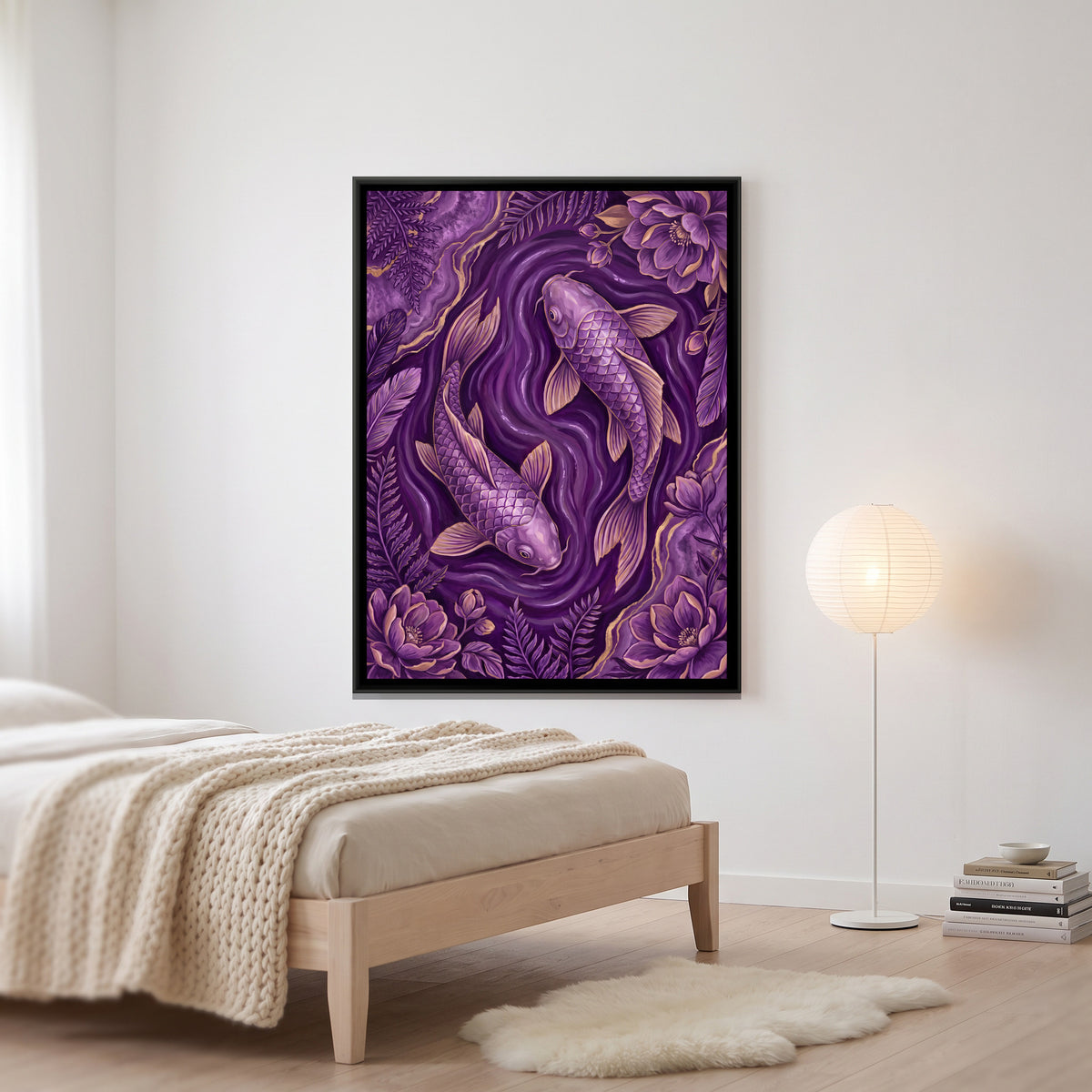 Koi Fish Pair — canvas art shown in a styled room