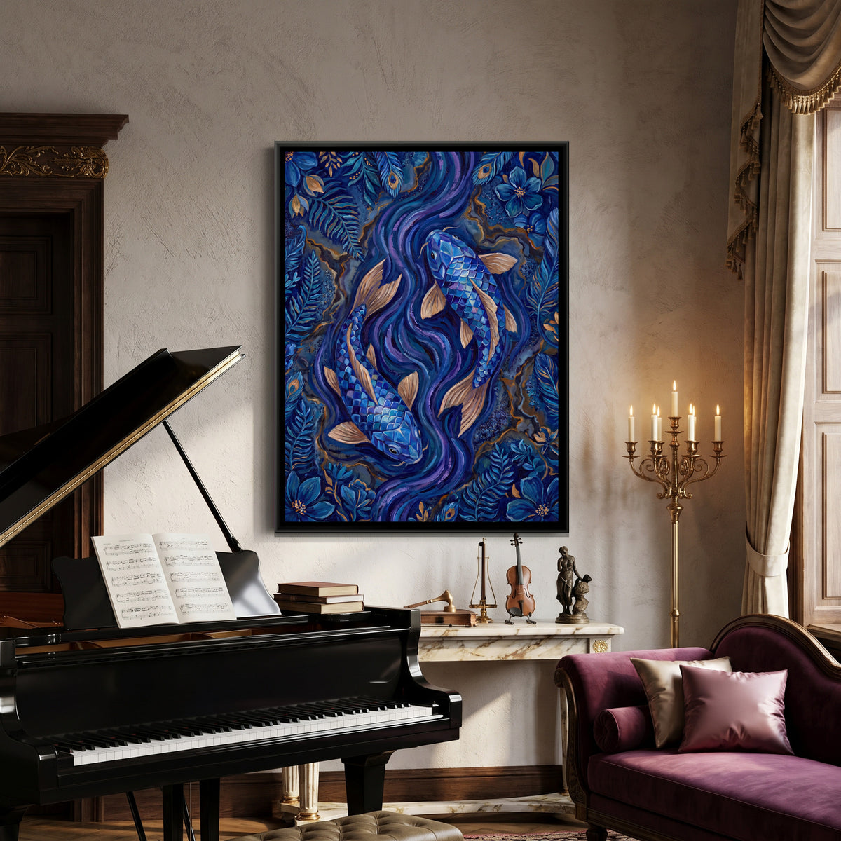 Koi Fish Pair — canvas art shown in a styled room