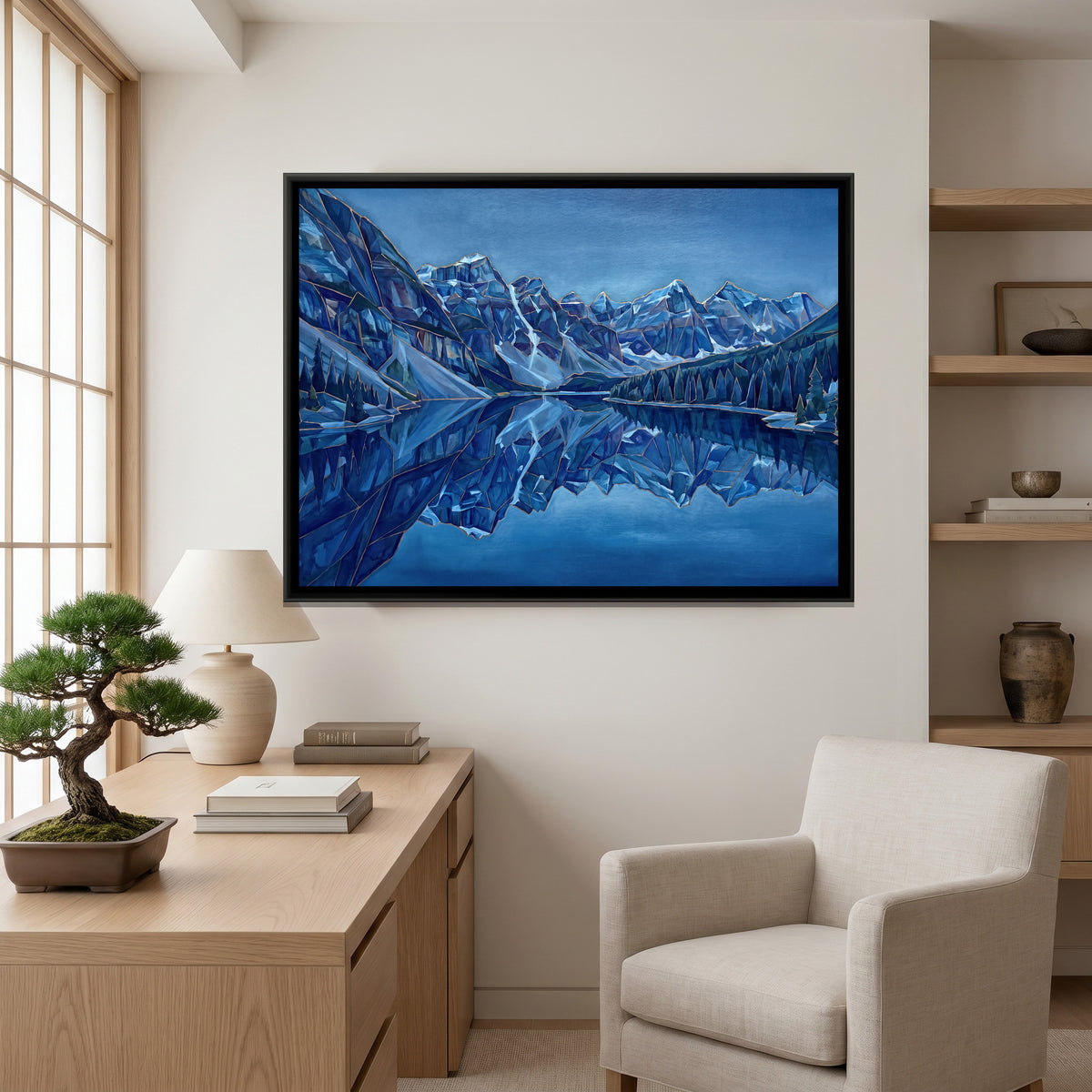 Mountain Lake Reflection — canvas art shown in a styled room