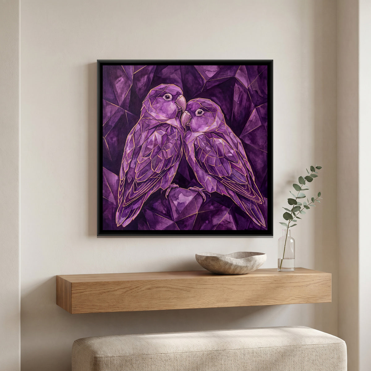 Lovebirds — canvas art shown in a styled room