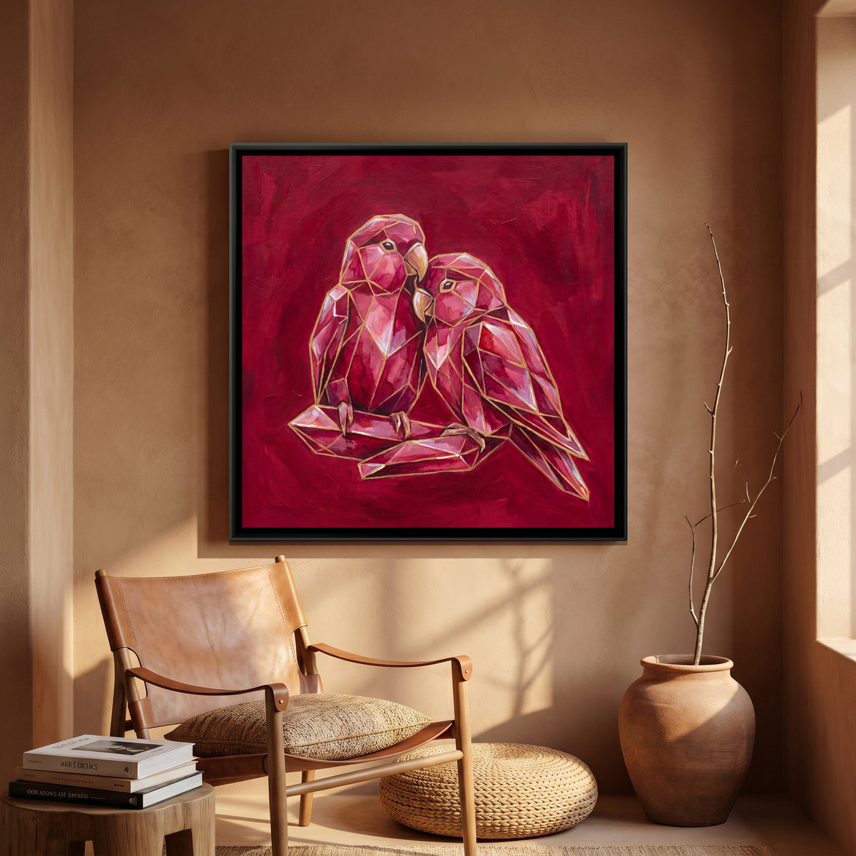 Lovebirds — canvas art shown in a styled room