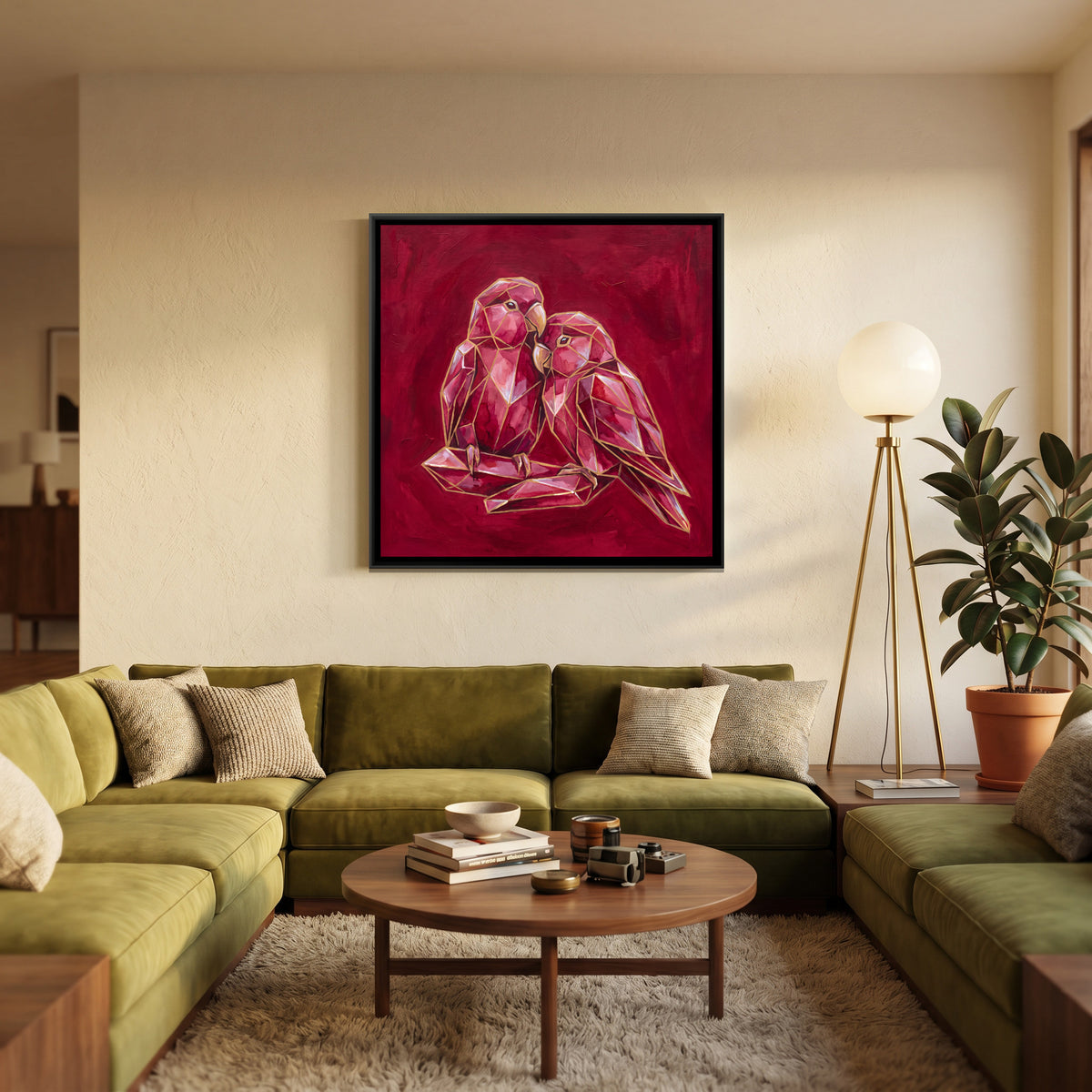 Lovebirds — canvas art shown in a second room setting
