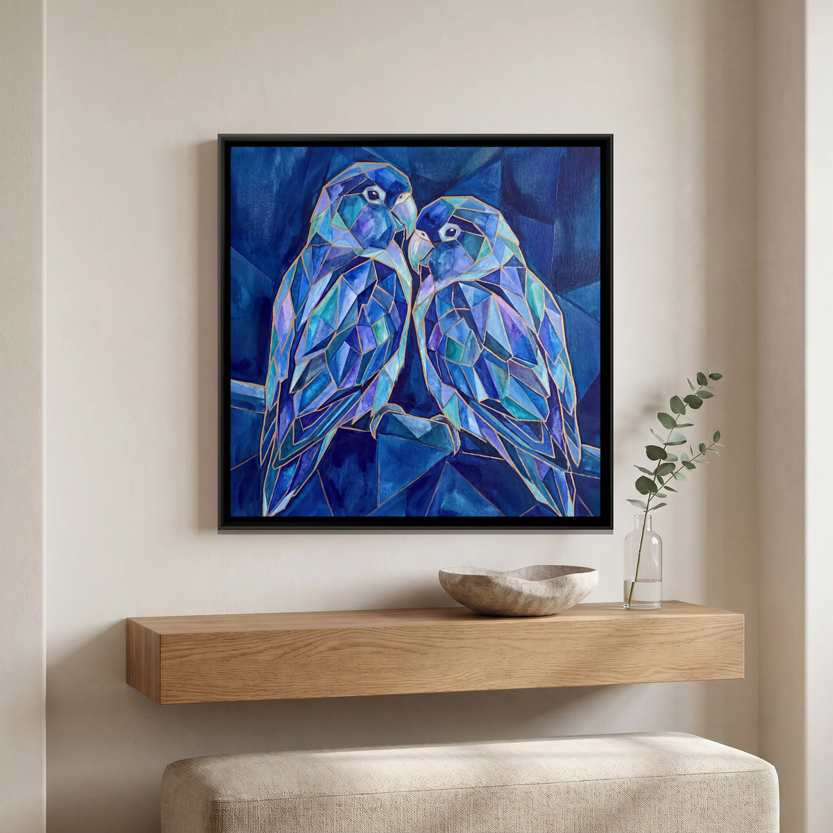 Lovebirds — canvas art shown in a styled room