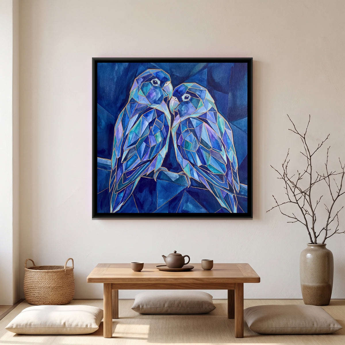 Lovebirds — canvas art shown in a second room setting