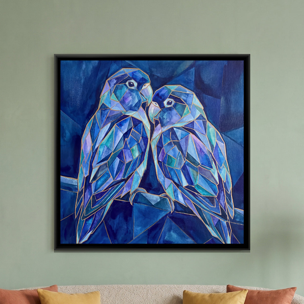Lovebirds — framed canvas art hung on a wall