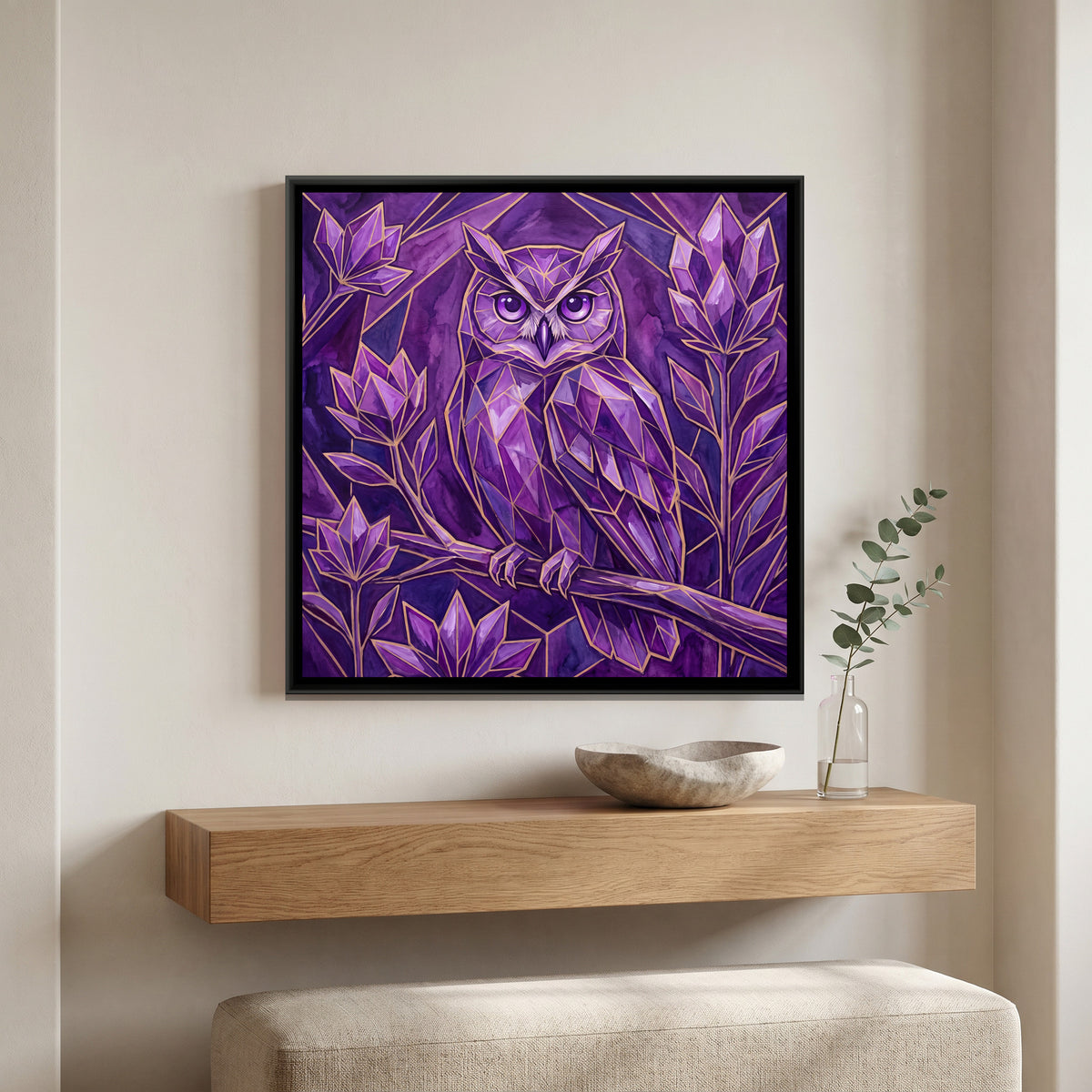 Owl — canvas art shown in a styled room