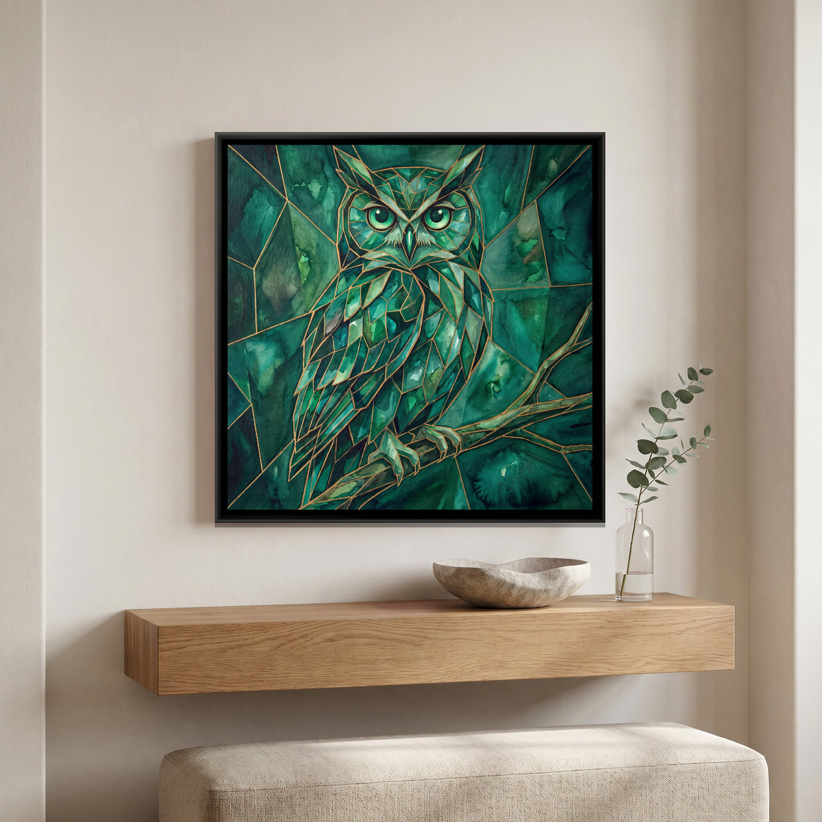 Owl — canvas art shown in a styled room