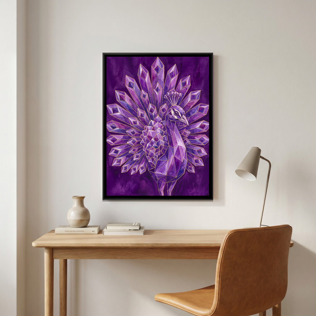 Peacock — canvas art shown in a styled room