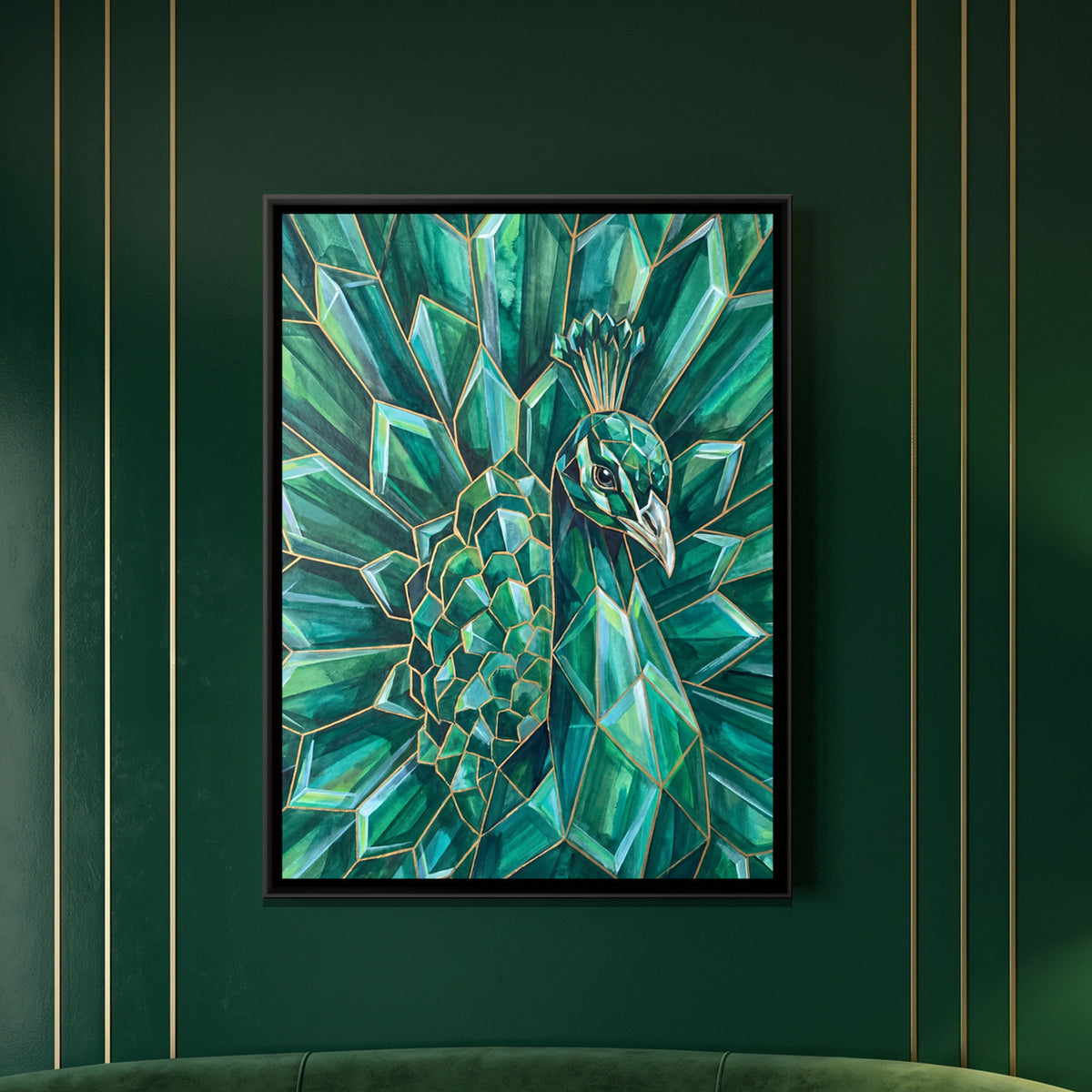 Peacock — framed canvas art hung on a wall