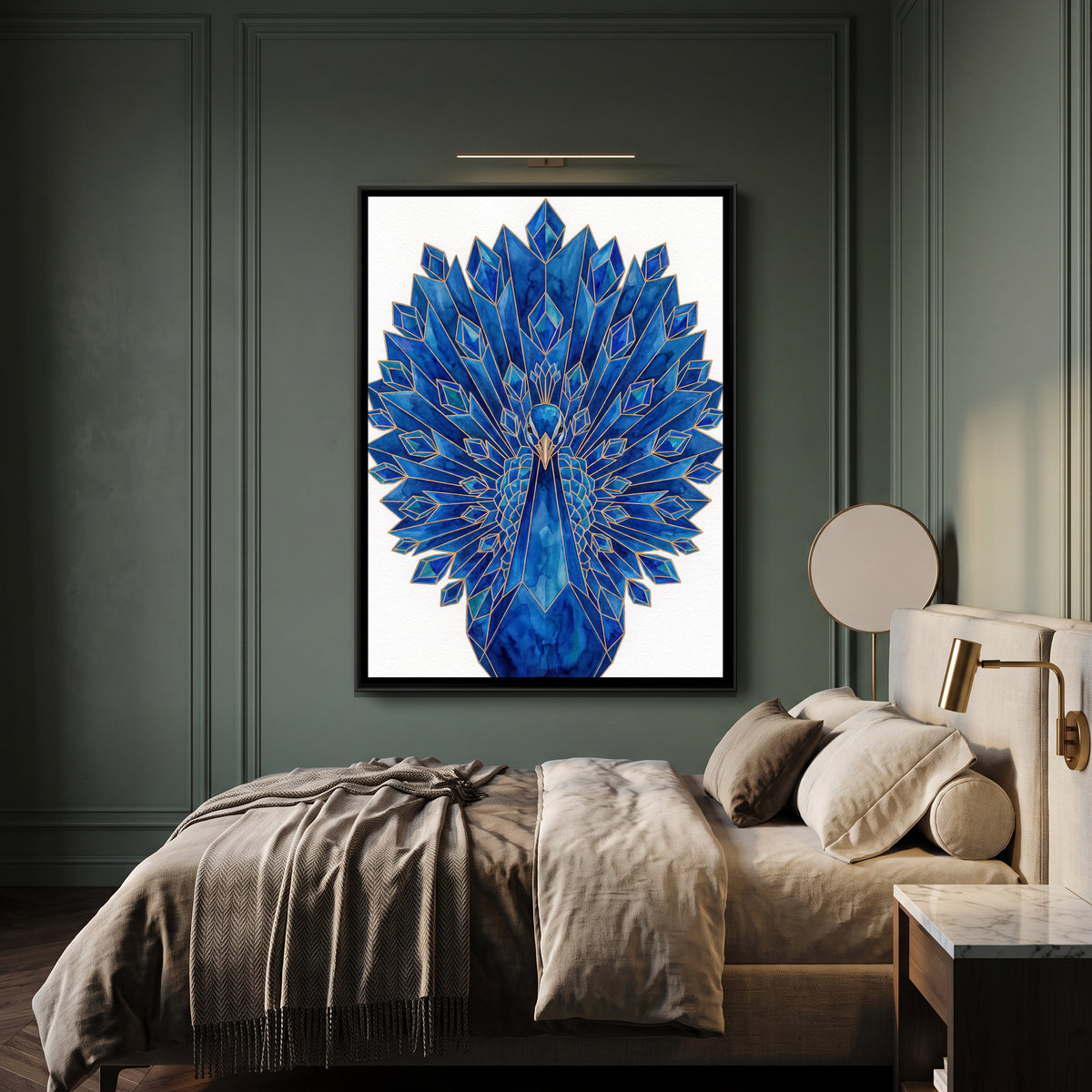 Peacock — canvas art shown in a styled room