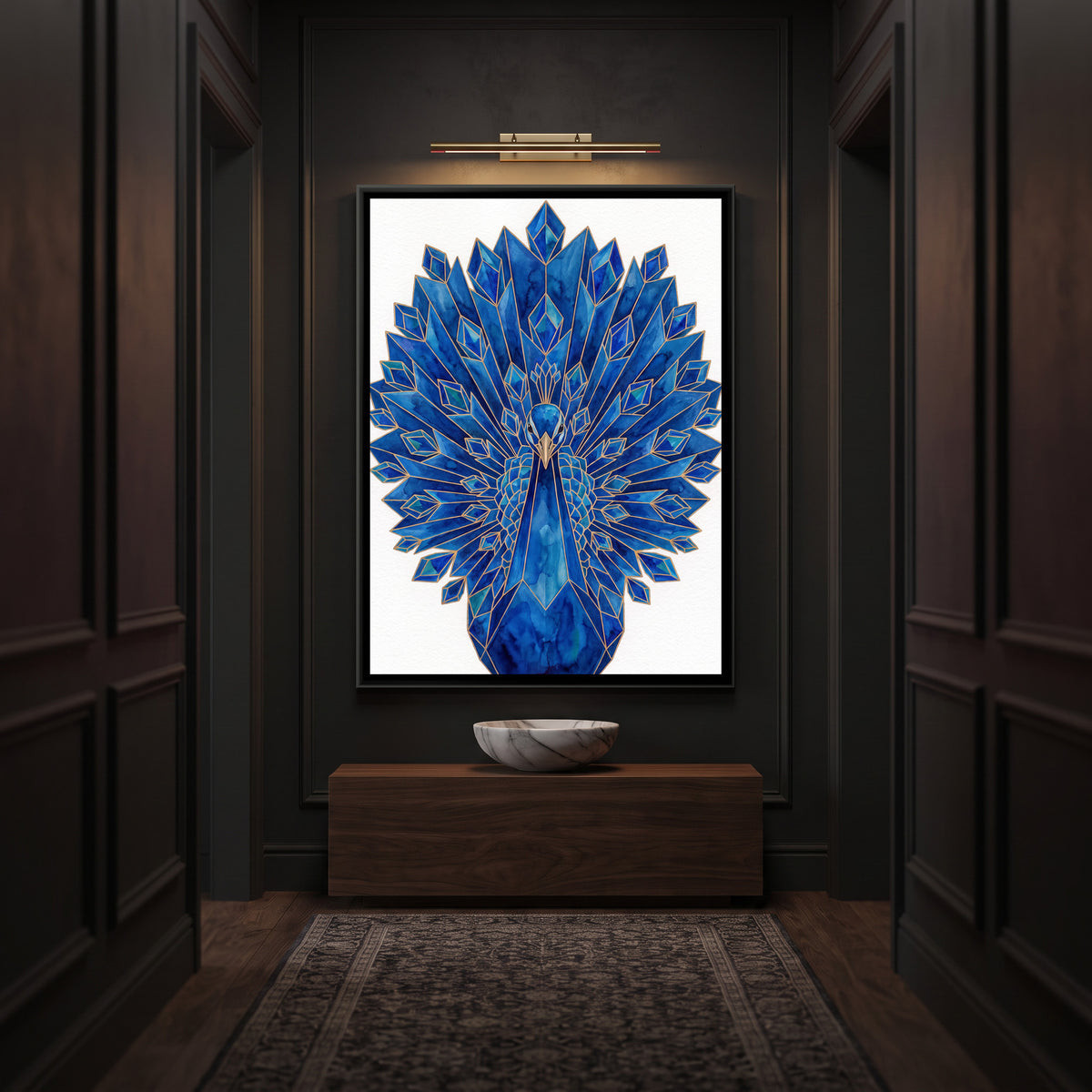 Peacock — canvas art shown in a second room setting