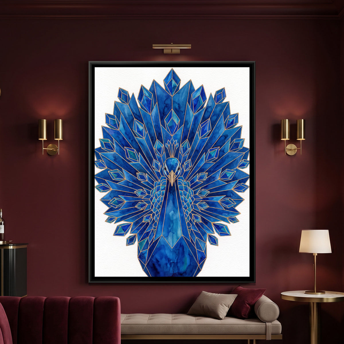 Peacock — framed canvas art hung on a wall