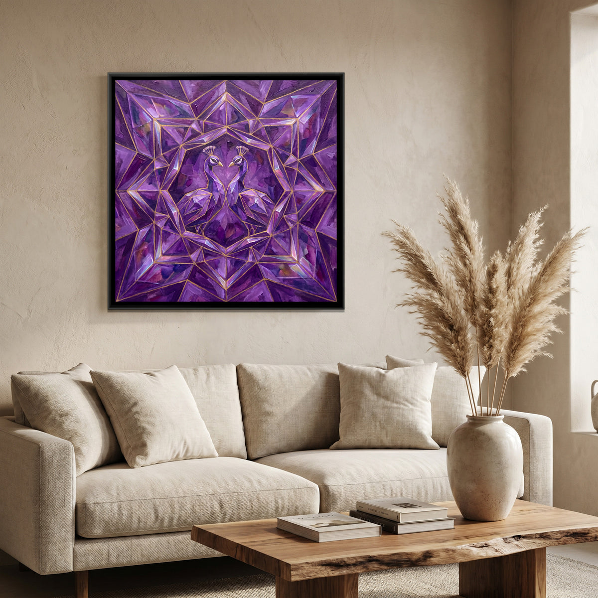 Peacock Pair — canvas art shown in a second room setting