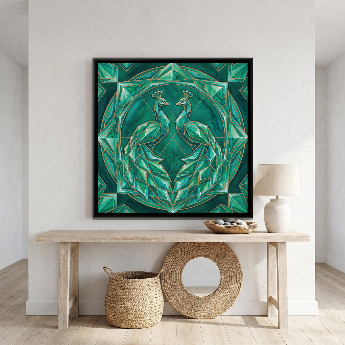 Peacock Pair — canvas art shown in a styled room