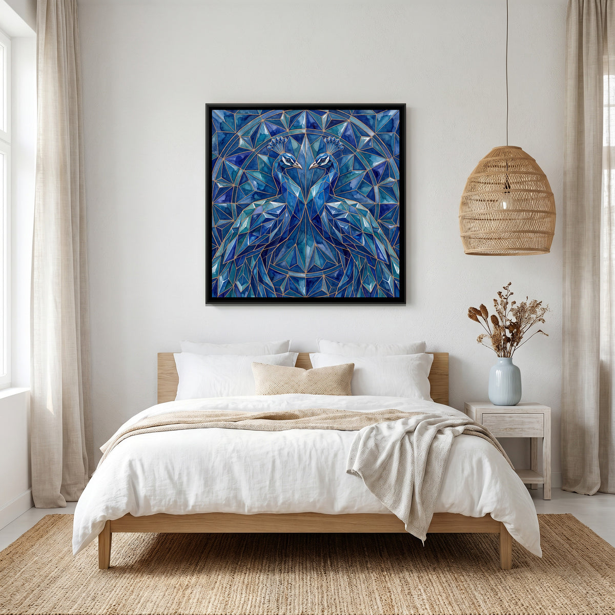 Peacock Pair — canvas art shown in a styled room