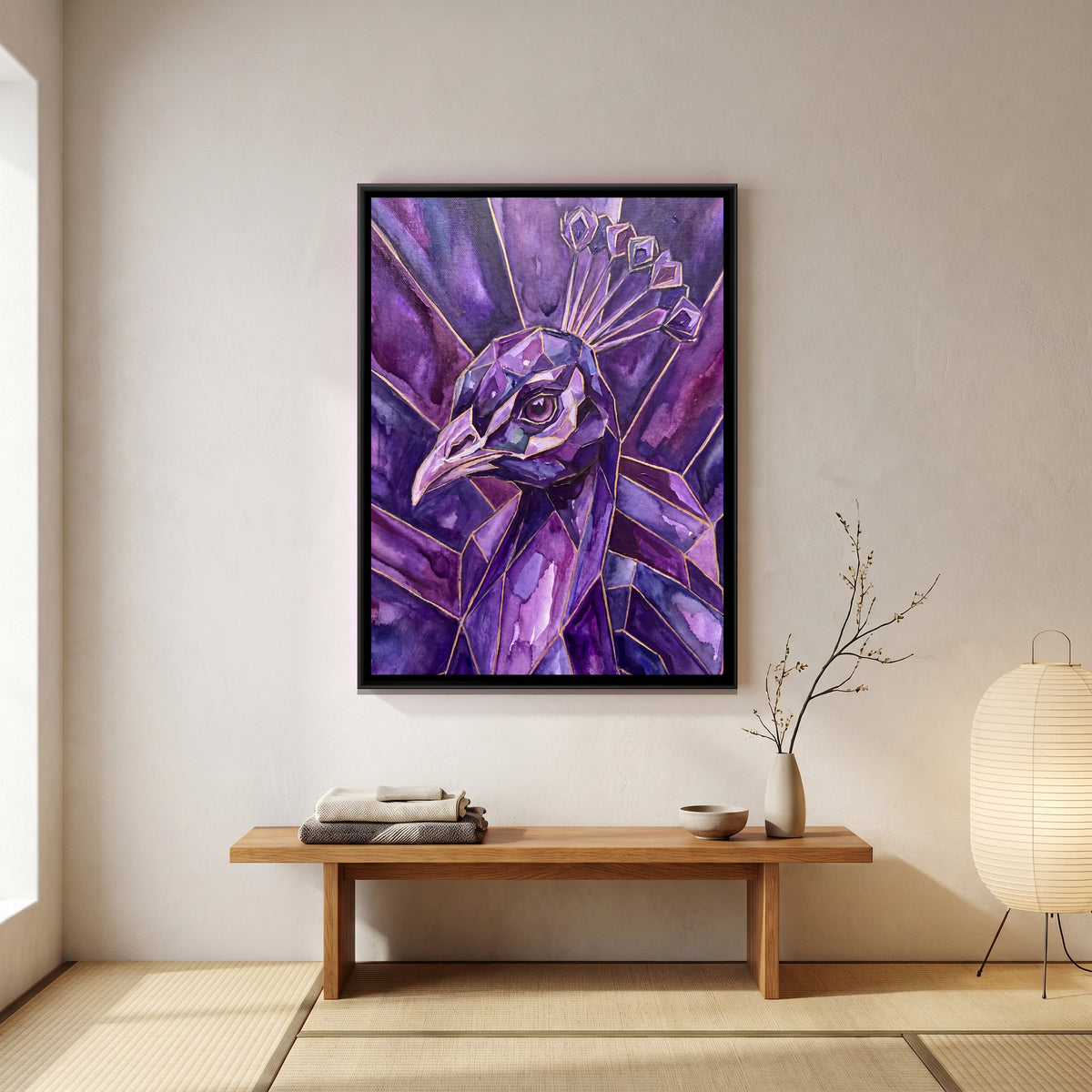Peacock Portrait — canvas art shown in a second room setting