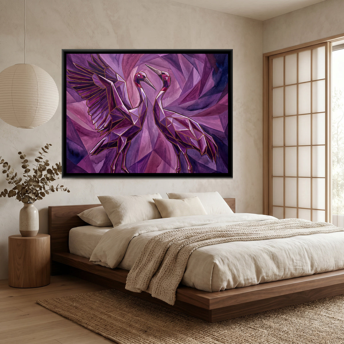 Sarus Cranes — canvas art shown in a styled room