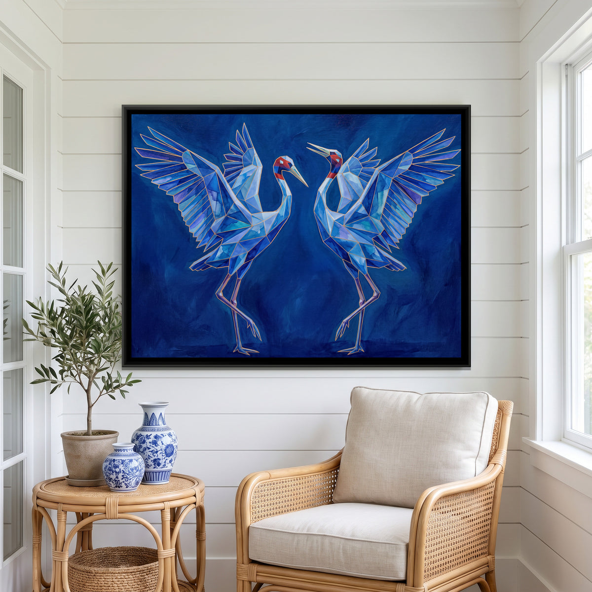 Sarus Cranes — canvas art shown in a second room setting