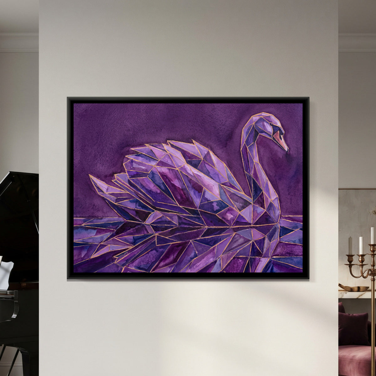 Swan — framed canvas art hung on a wall