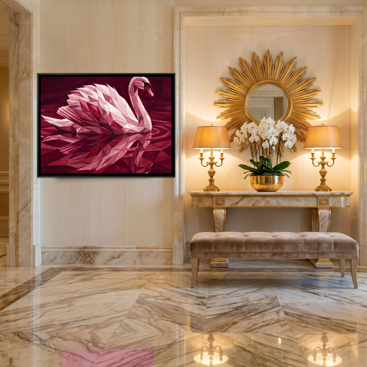 Swan — canvas art shown in a styled room