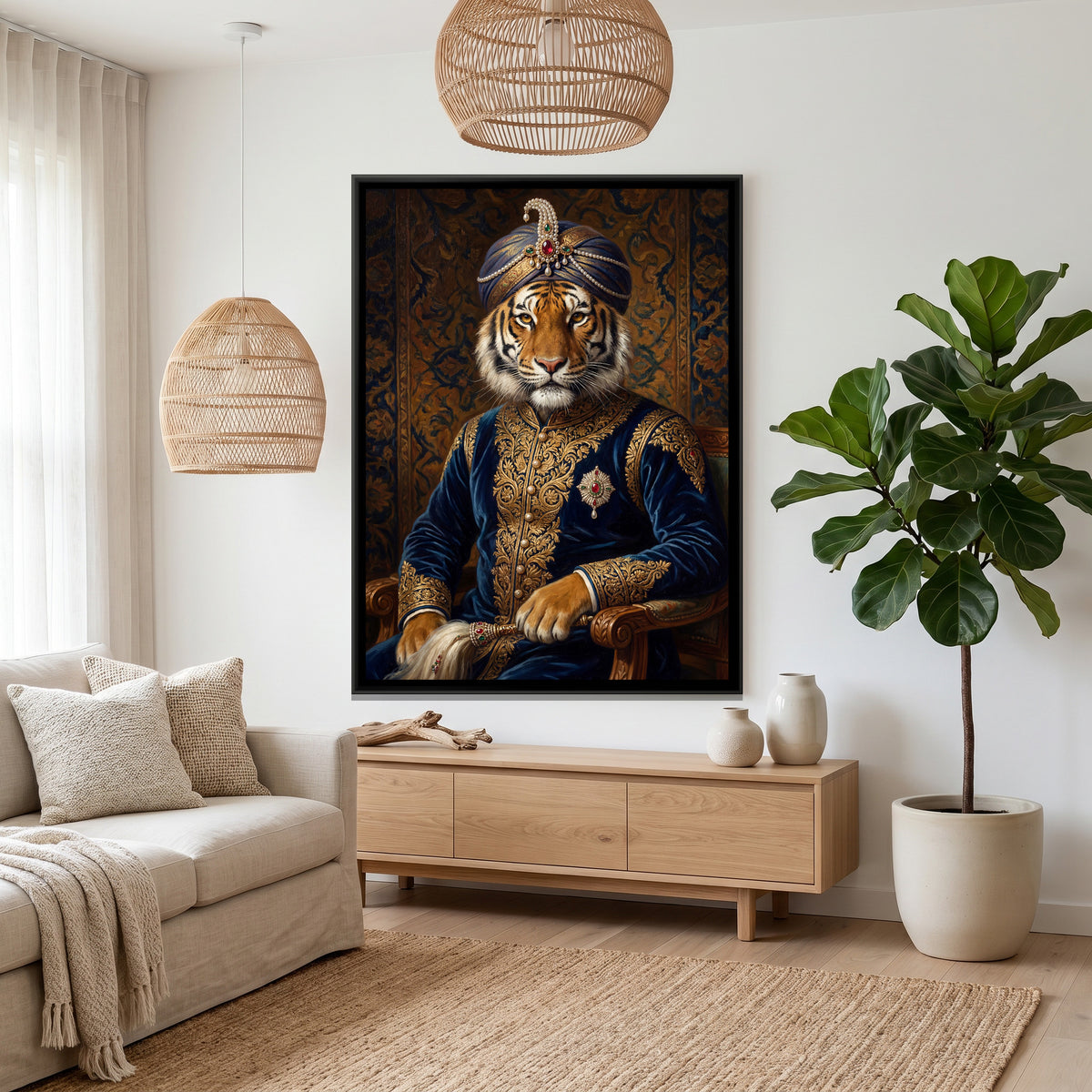Tiger Maharaja — canvas art shown in a styled room