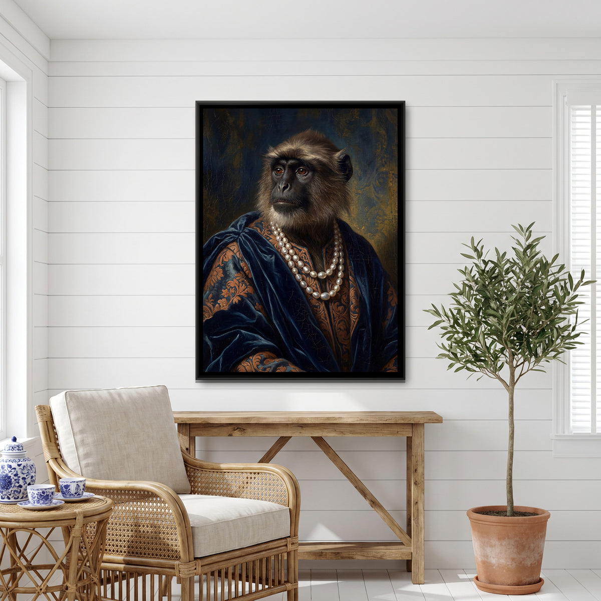Royal Monkey Portrait — canvas art shown in a styled room