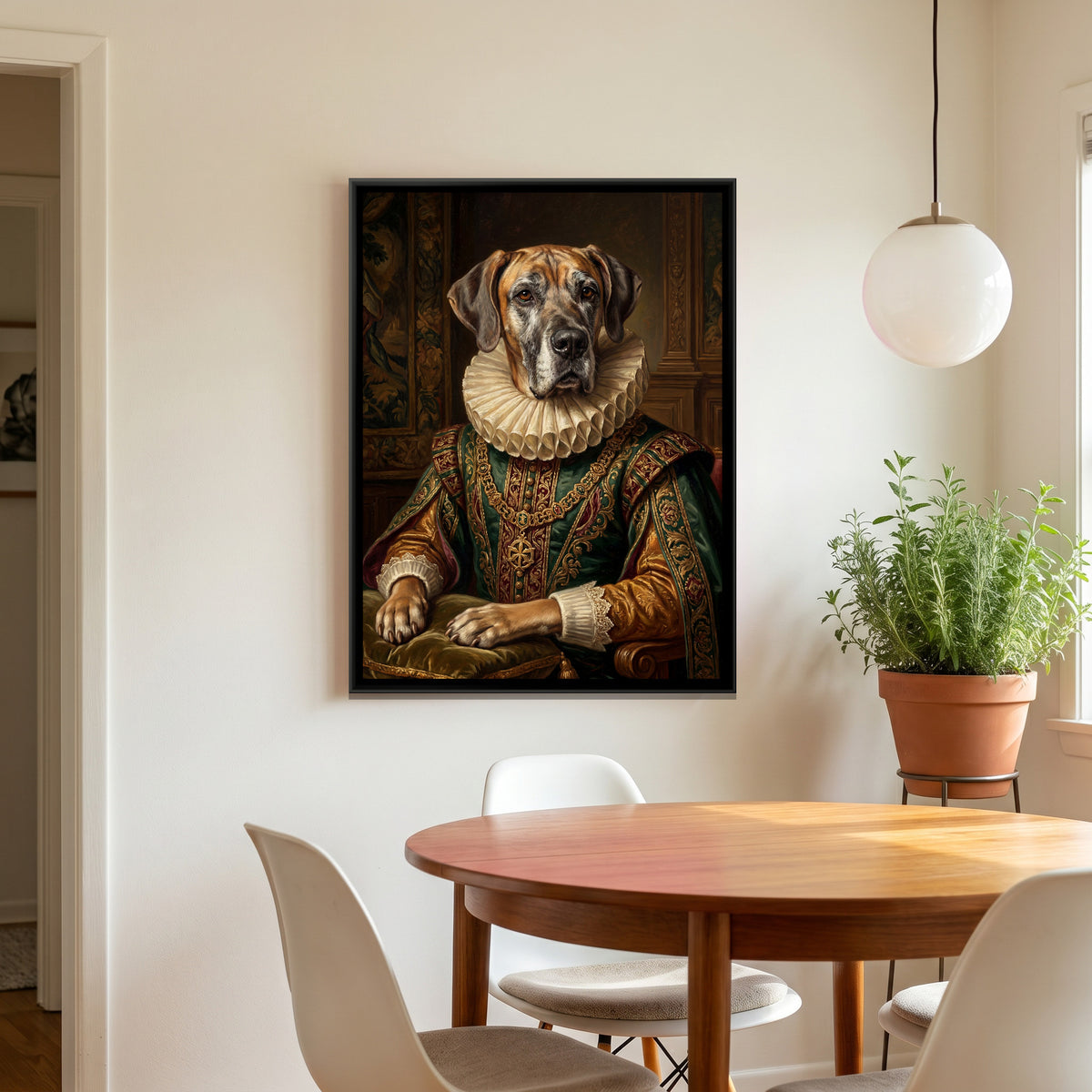 Renaissance Dog Portrait — canvas art shown in a styled room