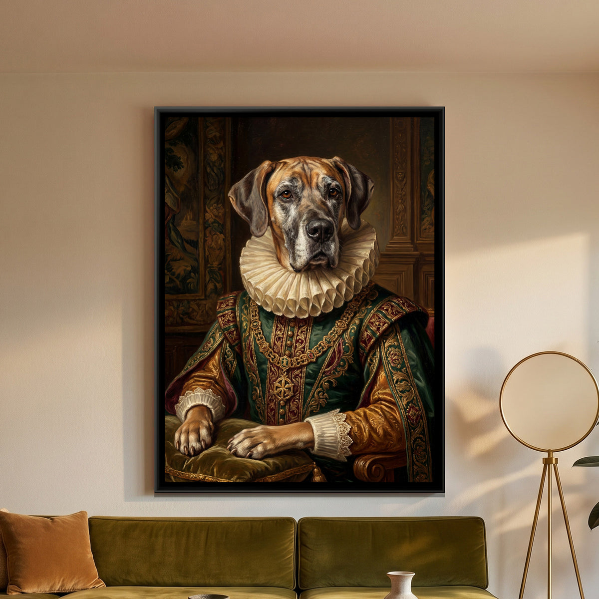 Renaissance Dog Portrait — framed canvas art hung on a wall