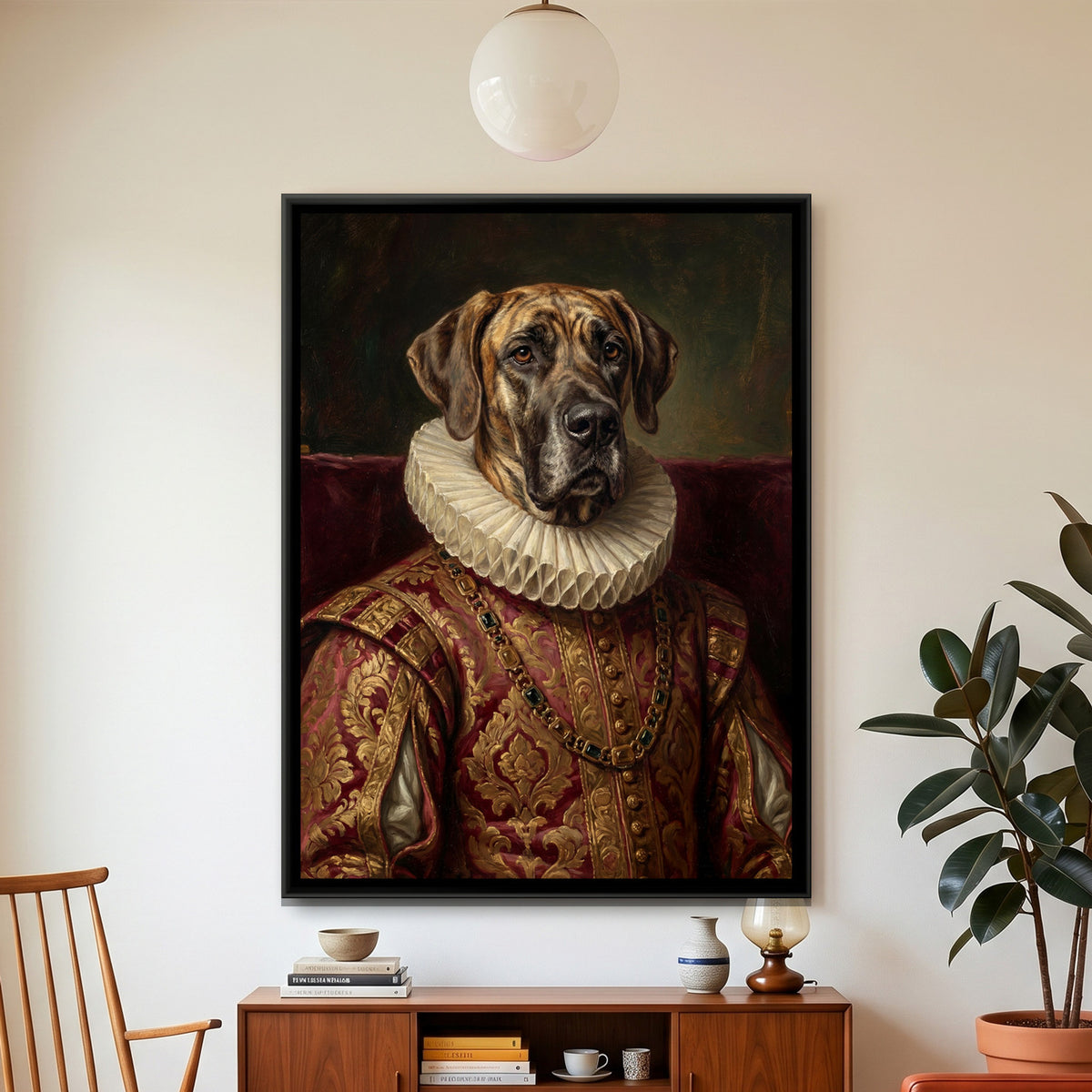 Renaissance Dog Portrait — framed canvas art hung on a wall