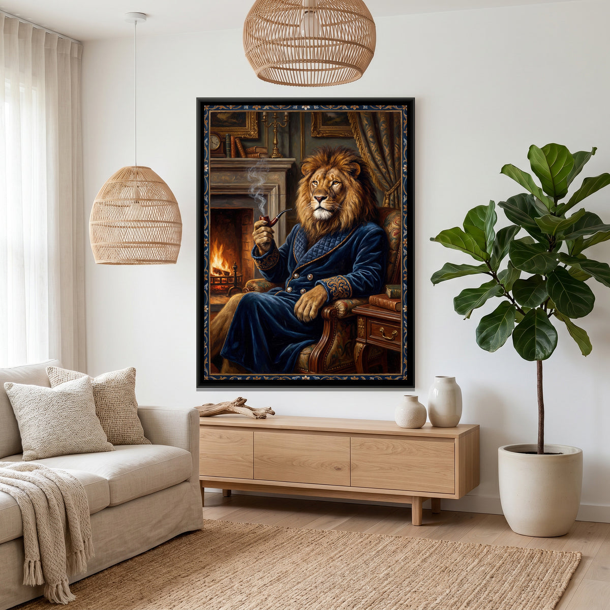Lion Smoking a Pipe — canvas art shown in a styled room