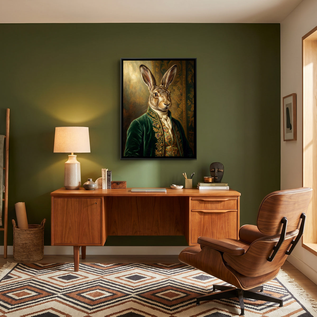 Hare Portrait — canvas art shown in a styled room