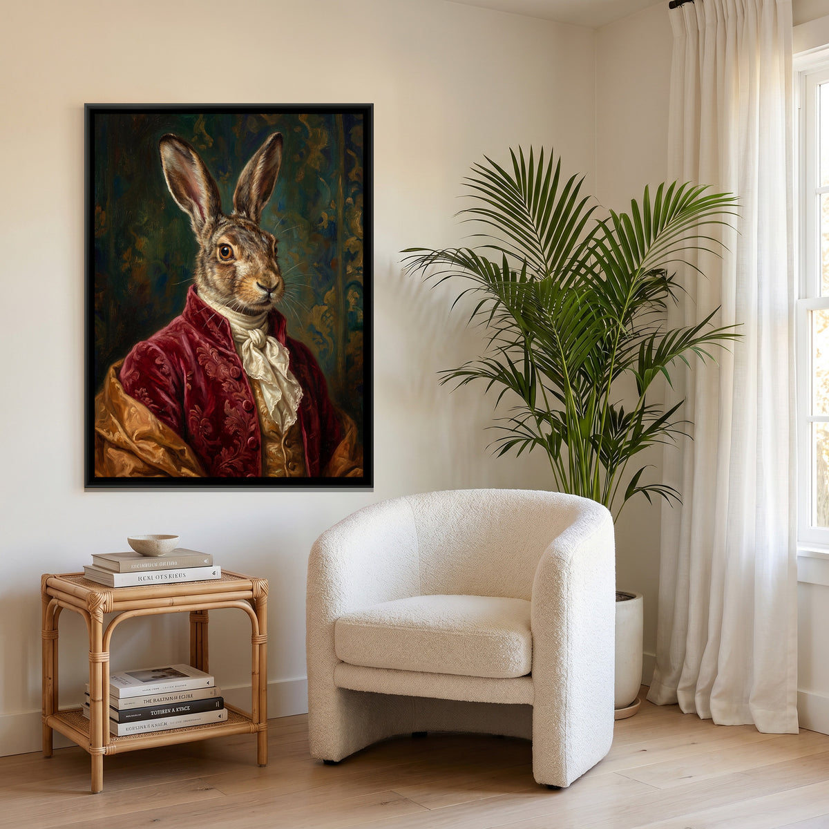 Hare Portrait — canvas art shown in a second room setting