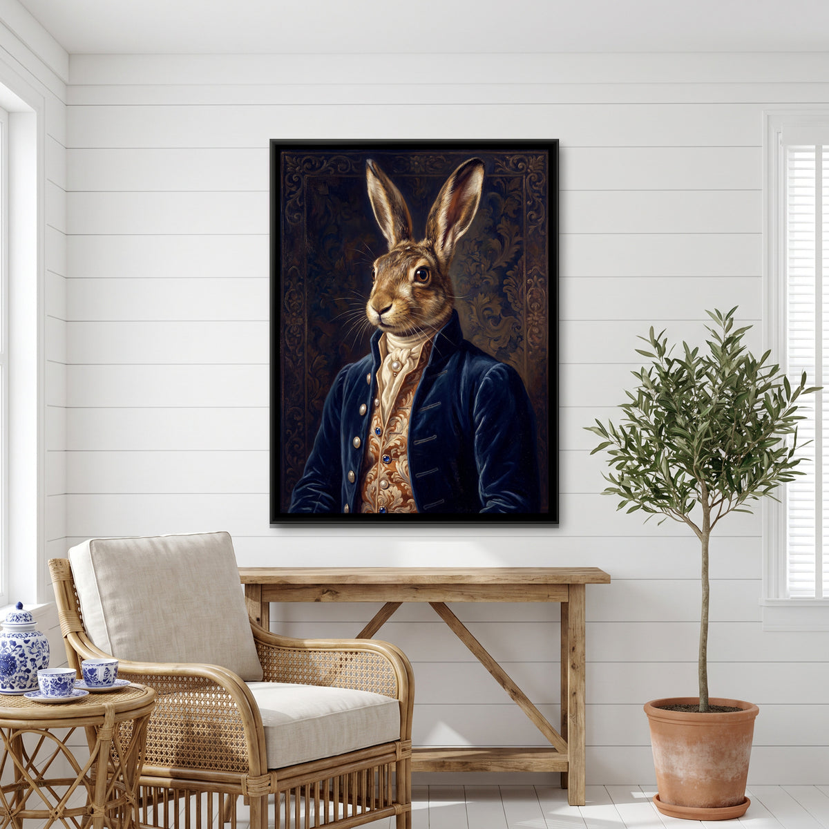 Hare Portrait — canvas art shown in a styled room