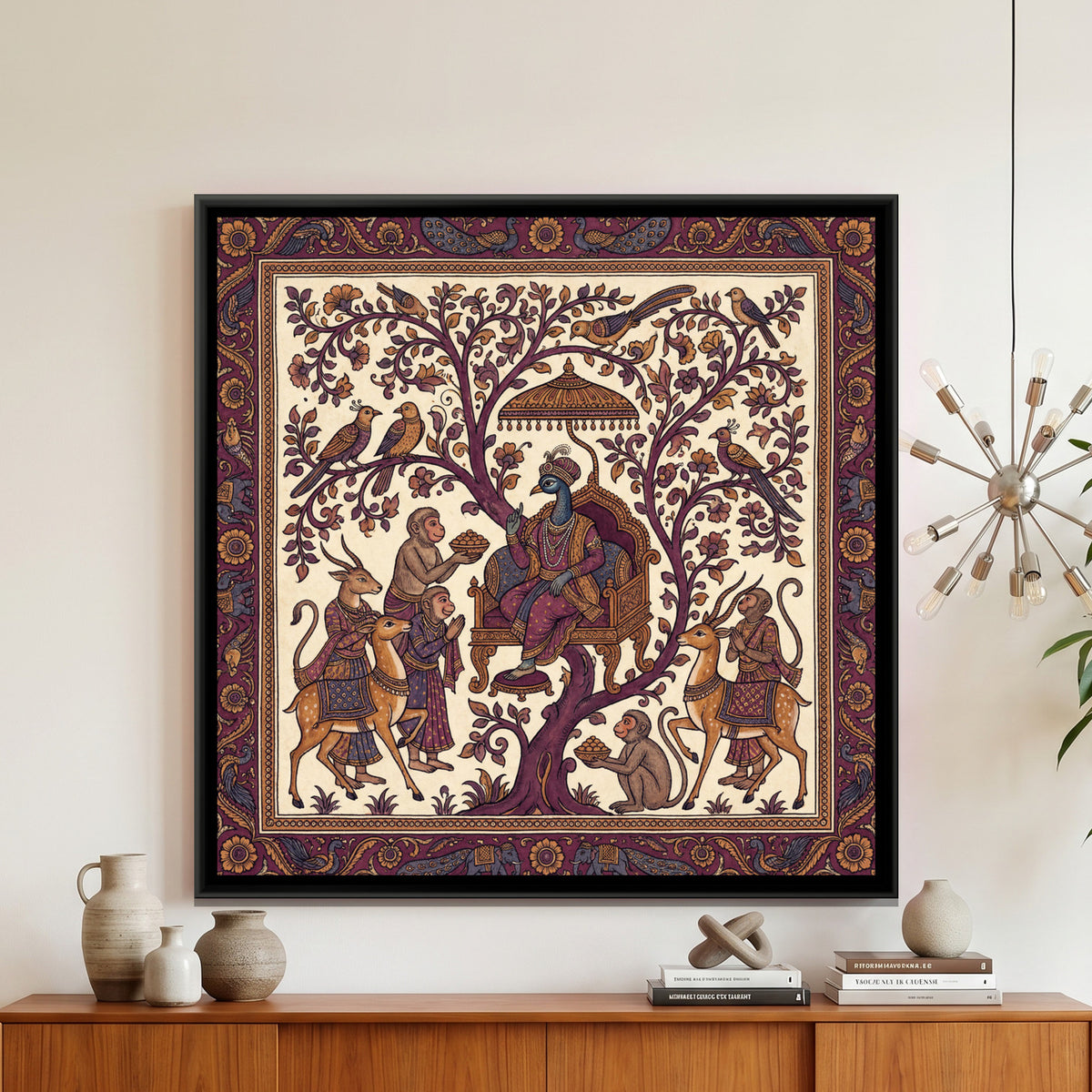 Kalamkari Peacock King — framed canvas art hung on a wall