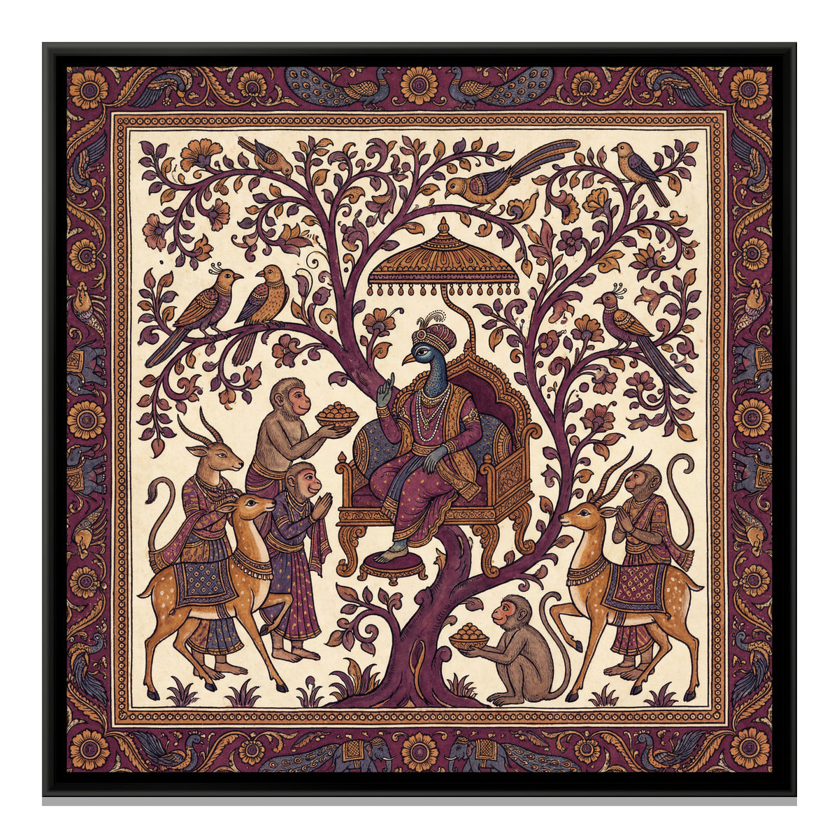 Kalamkari Peacock King — framed canvas print, front view