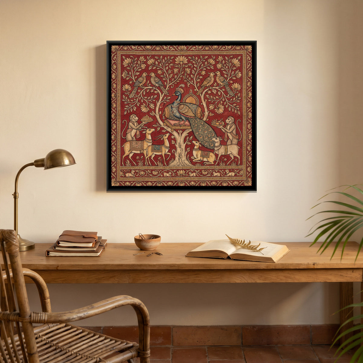 Kalamkari Peacock King — canvas art shown in a second room setting