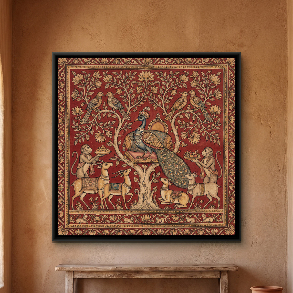 Kalamkari Peacock King — framed canvas art hung on a wall