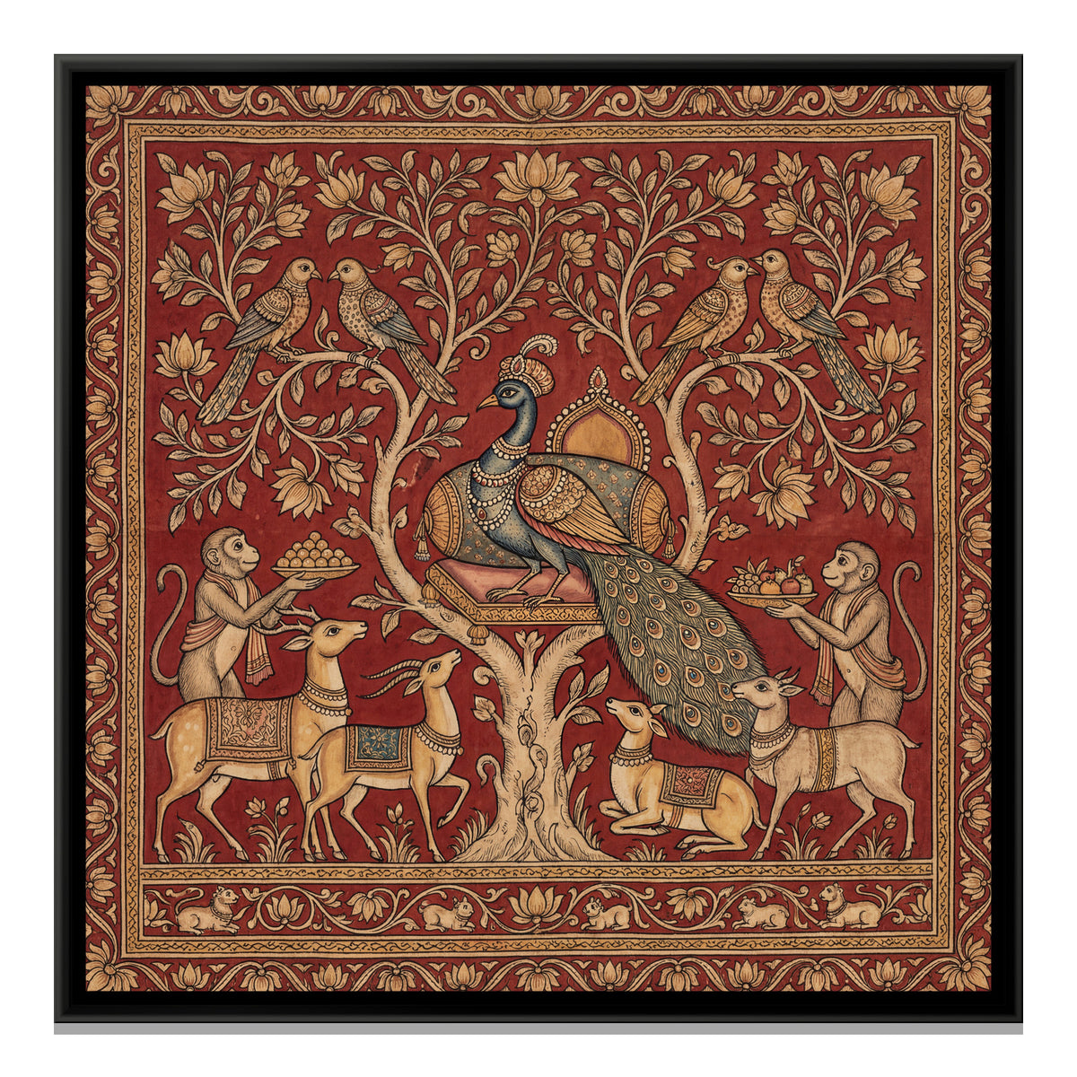 Kalamkari Peacock King — framed canvas print, front view