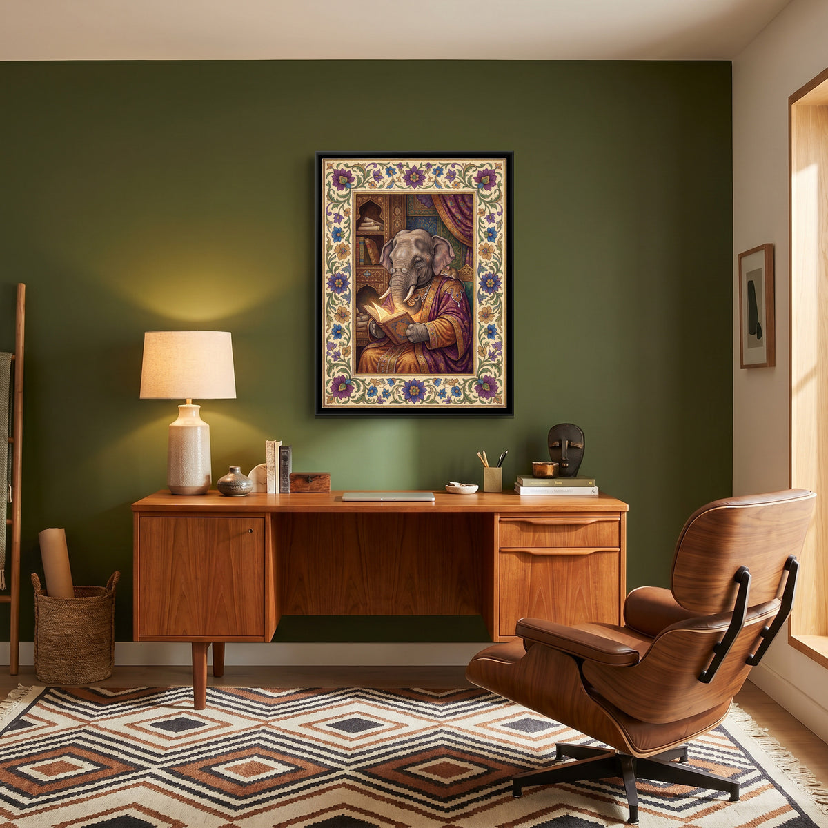 Mughal Elephant Reading — canvas art shown in a styled room