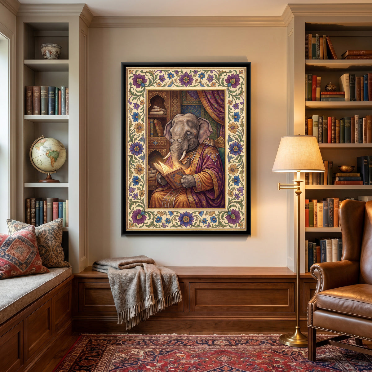 Mughal Elephant Reading — canvas art shown in a second room setting