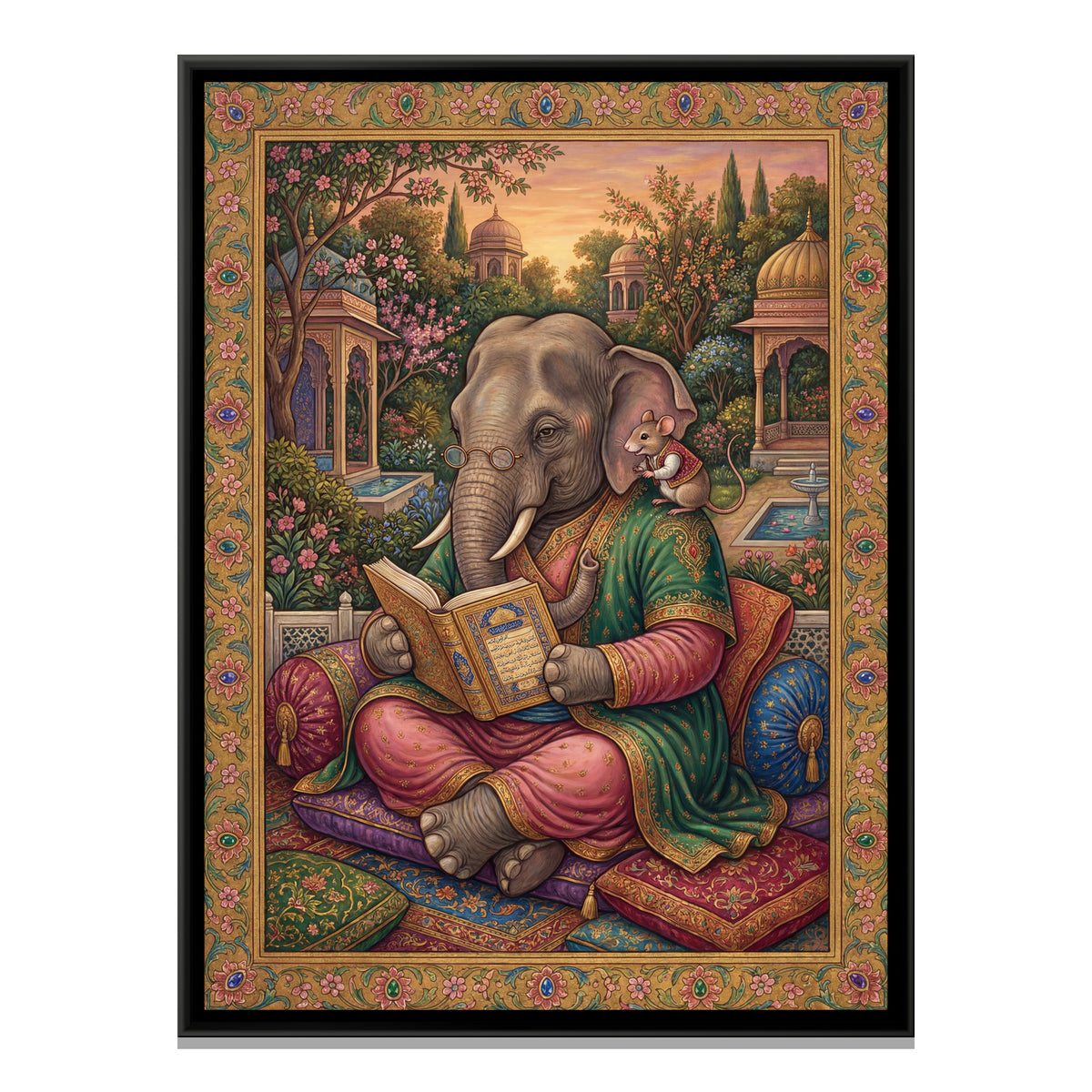 Mughal Elephant Reading — framed canvas print, front view