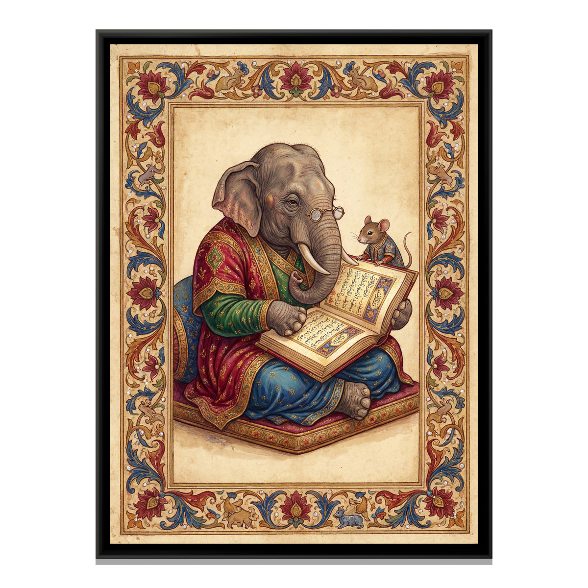 Mughal Elephant Reading — framed canvas print, front view