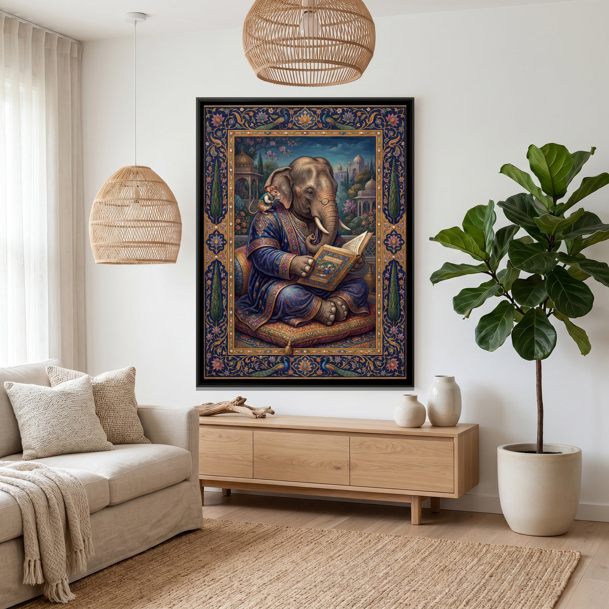 Mughal Elephant Reading — canvas art shown in a styled room