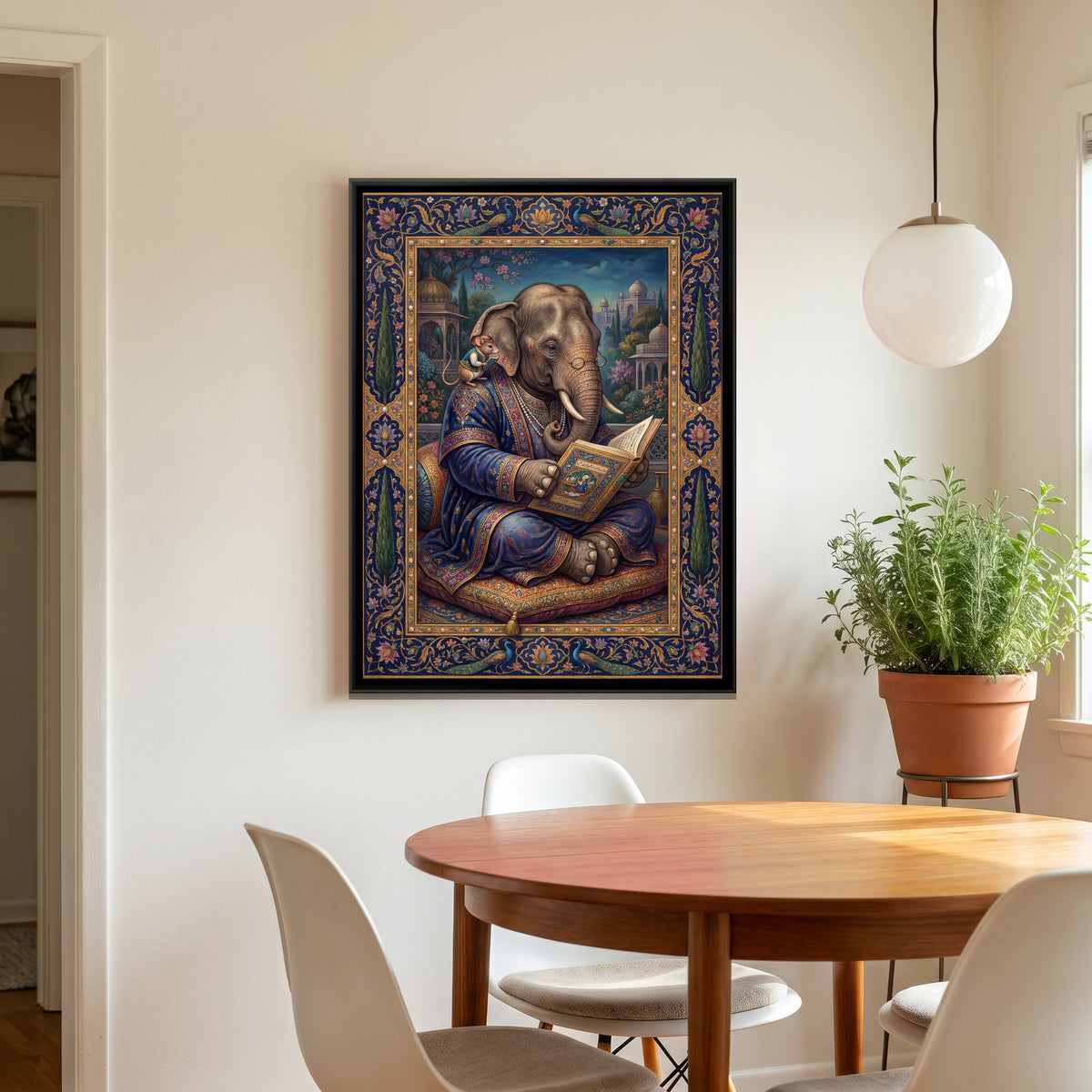 Mughal Elephant Reading — canvas art shown in a second room setting