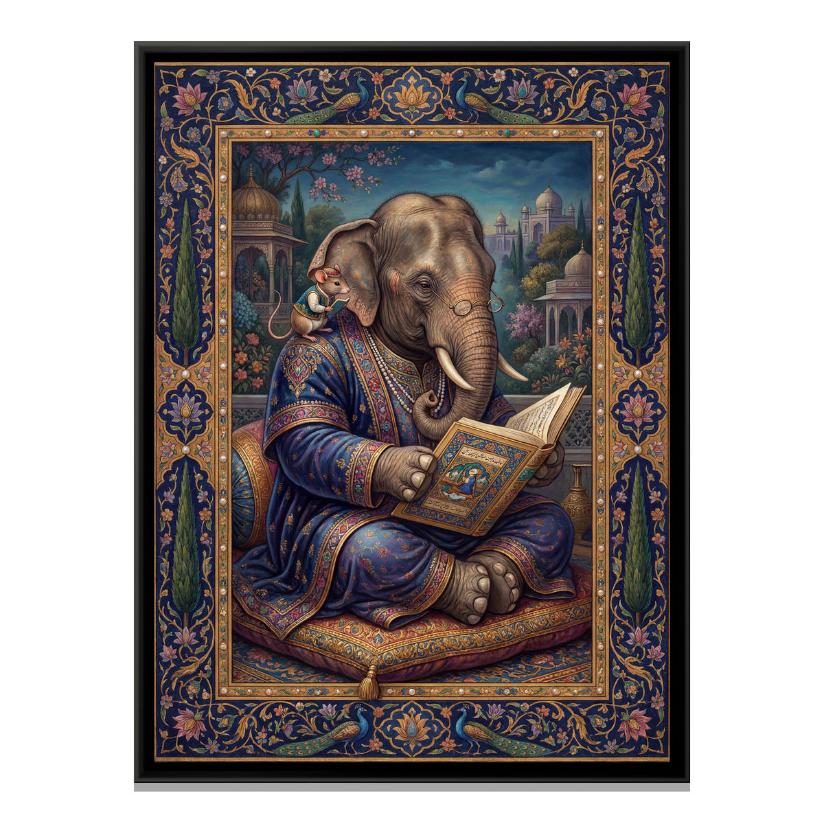 Mughal Elephant Reading — framed canvas print, front view