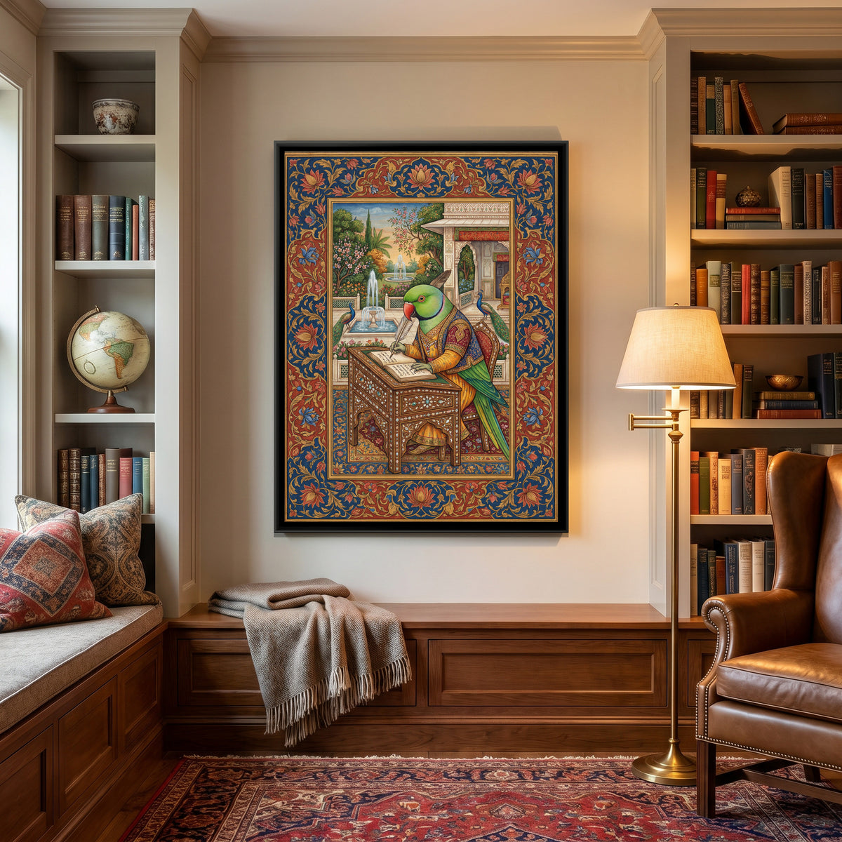 Mughal Parrot — canvas art shown in a second room setting