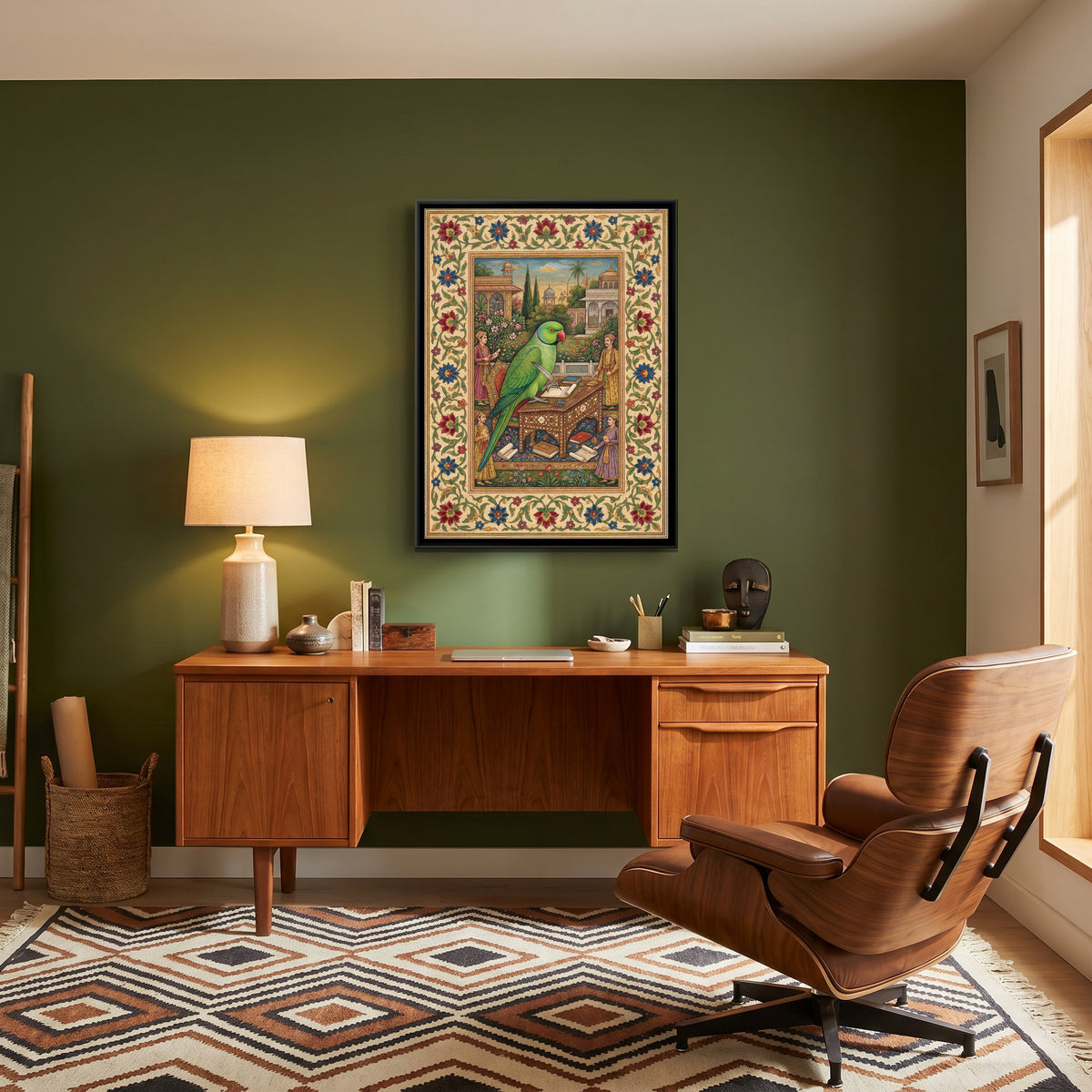 Mughal Parrot — canvas art shown in a second room setting