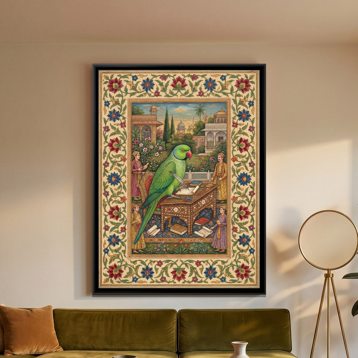 Mughal Parrot — framed canvas art hung on a wall