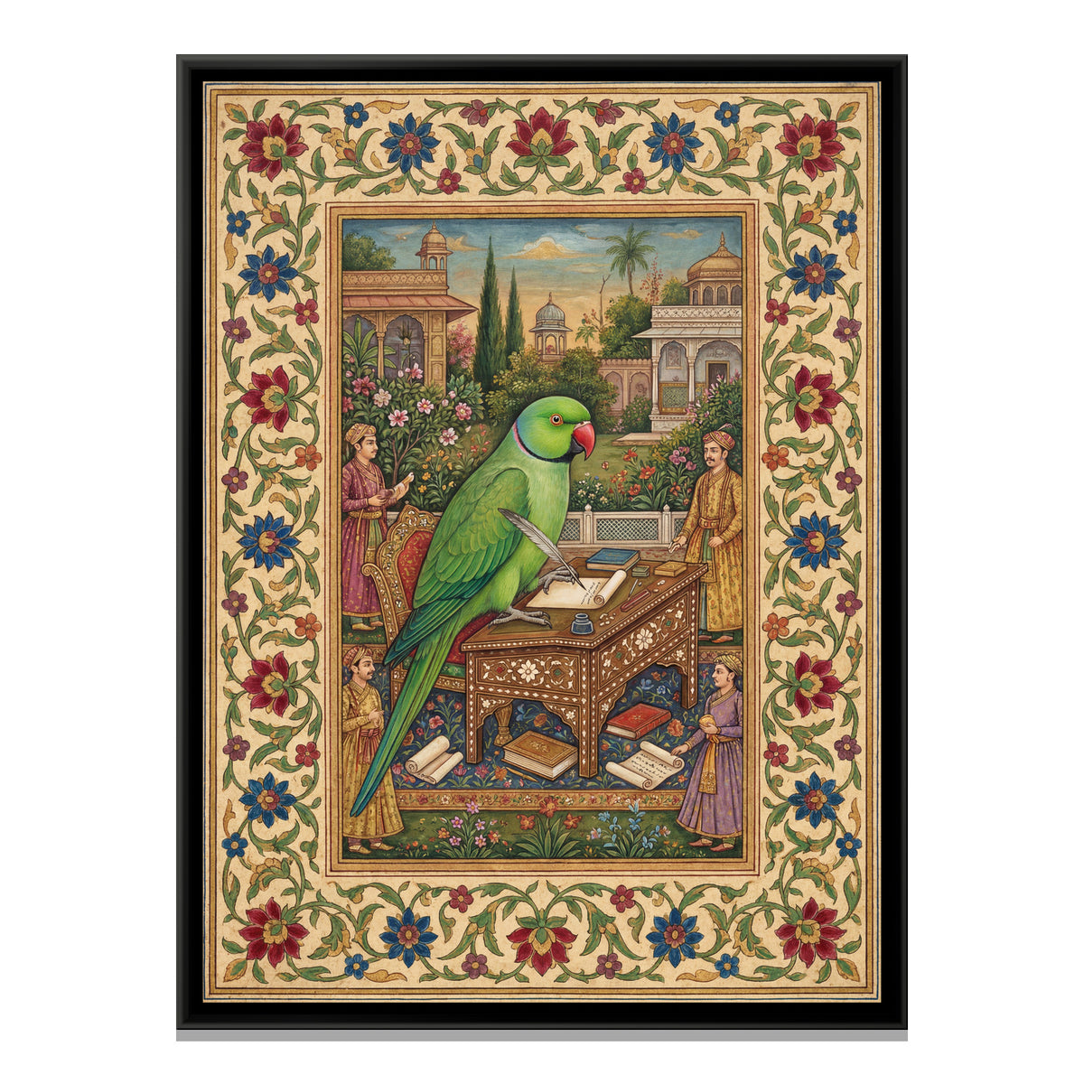 Mughal Parrot — framed canvas print, front view