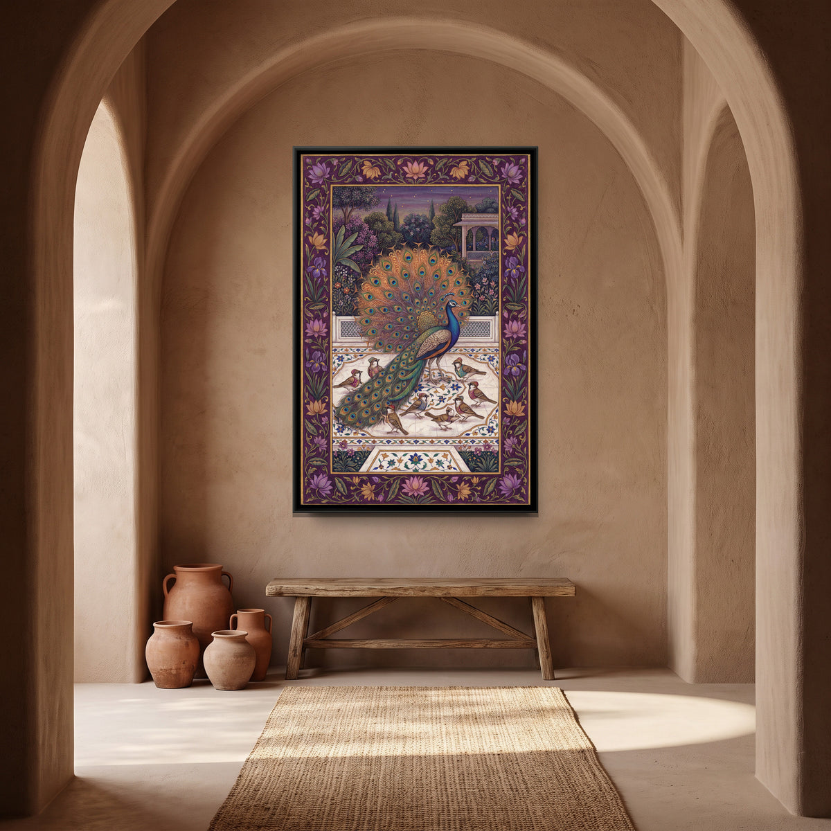 Mughal Peacock — canvas art shown in a styled room